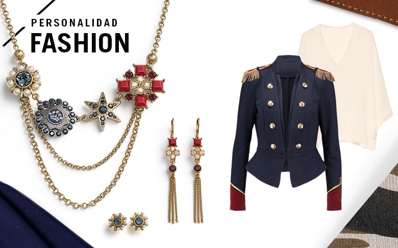 Tip de estilo: Si quieres un total look Army Chic opta por una chaqueta de corte militar color azul marino con charreteras doradas, ponte el collar y los aretes Ayla Star y voilá estarás en tendencia.